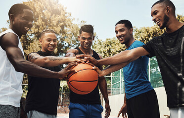 Wall Mural - Basketball court teamwork, support and motivation of healthy competition, social game or happy friends outdoor. Athlete group celebration, solidarity and sports partnership of winner, trust and goals