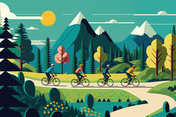 People are bike or exercise in park.  World health day concept, flat design. Generative ai.