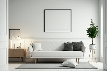 Canvas Print - a white wall in a contemporary living room with an empty horizontal picture frame. Create a mockup of a modern, Scandinavian inspired interior. Put up your poster or picture without paying a dime. We