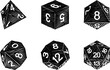 A set of common game dice used for roleplaying RPG or fantasy tabletop board games in a vintage retro woodcut style
