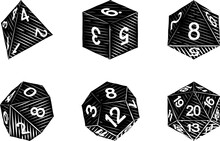 A Set Of Common Game Dice Used For Roleplaying RPG Or Fantasy Tabletop Board Games In A Vintage Retro Woodcut Style