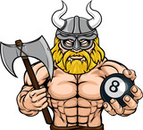 Fototapeta Dinusie - A viking angry mean pool billiards mascot cartoon character holding a black 8 ball.