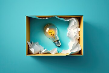 Canvas Print - creative concept a glowing light bulb imagination thought on a blue background. illustration of an o