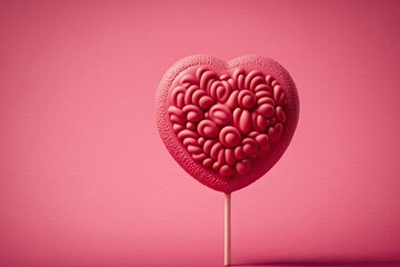 Poster - Beautiful red heart shaped candy lollipop on a pink background, a simple Valentine's Day concept. Generative AI