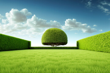 Wall Mural - Tall long tree hedge with green grass and sky. Summer lawn backyard background. Generative AI.