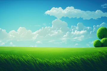 green grass field and blue sky summer landscape background. generative ai.
