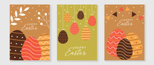 Happy Easter Element Cover Vector Set. Cute Hand Drawn Easter Eggs Decorate With Bow Ribbon, Leaf Branch, Snow, Flag Line Texture. Collection Of Adorable Doodle Design For Decorative, Card, Kids.