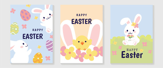 happy easter element cover vector set. cute hand drawn white fluffy rabbit decorate with easter eggs