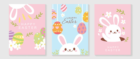 happy easter element cover vector set. hand drawn playful cute white rabbit decorate with easter egg
