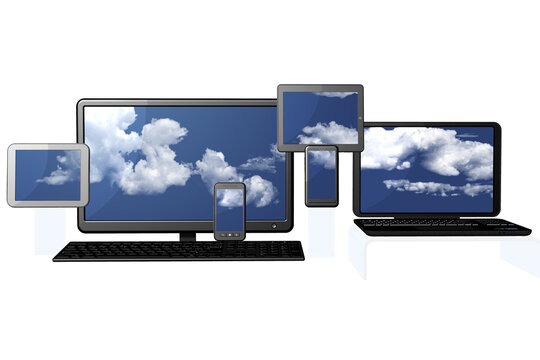 Wall Mural -  - PNG, Trasparente. Informatica, computer. Computer, tablet, smartphone, sugli schermi cielo azzurro con nuvole.