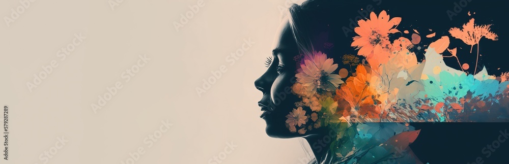 Double exposure woman profile and flowers mental health women's day ...
