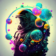 © keks20034 - An astronaut in a beautiful colorful bubbles galaxy on another planet. Generative AI.