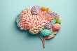Flower model of human brain anatomy on pastel background. Generative AI illustration.