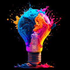 Wall Mural - a colorful glowing idea bulb lamp isolated on black background, visualization of brainstorming, bright idea and creative thinking, generative ai
