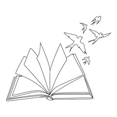 Wall Mural - Open book with birds flying out of it Line art drawing vector illustration.Imagination for Education,idea and learning concept.International Literacy Day.Cultural knowledge or reading imagination