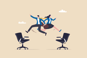 Job rotation or employee switch position for new skill and experience, moving to new responsibility within organization concept, businessman and woman jump on office chair metaphor of job rotation.