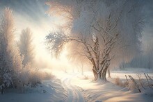 Winter Forest Landscape At Sunset. Generative Ai Illustration.