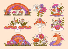 Set Of Colorful Groovy Elements In 70s And 60s Style. Vintage Hippie Flowers, Mushrooms, Rainbow, Sun, Moon, Eye. Psychedelic Seventies Stickers. Vector Graphic Design.