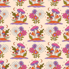 Wall Mural - Colorful groovy seamless pattern with mushrooms and flowers. 70s and 60s style vintage hippie background. Psychedelic seventies floral texture. Vector graphic design