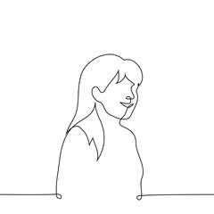 Wall Mural - three quarters portrait of a woman - one line drawing. concept young long-haired woman smiling