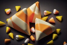 Famous Halloween Candies In The Traditional Colors Of White, Orange, And Yellow Candy Corn, With Room For Custom Text. Generative AI