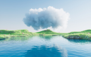 Poster - Green grassland and lakes with cloud floating, 3d rendering.