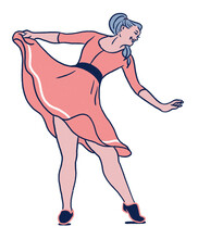Happy Young Woman Dancing Holding Vintage Dress - Smiling Woman Blue Hair Solo Swing Dance Party - Isolated Transparent Background Png Clipart - Retro Dancing Character Illustration Art