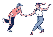 Two Happy Women Dancing Together Holding Hands - Smiling Young Woman Swing Dance - Isolated Transparent Background Png Clipart - Character Dance Party Celebration Illustration Art