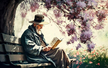 A Old Man In A Straw Hat Is Sitting On The Bench Under Tree In Spring Garden With Flowers And Reading A Book, Generative Ai