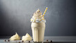 Closeup fresh vanilla milkshake smoothie and fresh  vanilla topping