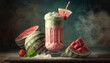 Closeup fresh watermelon milkshake smoothie and fresh watermelons