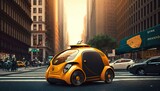 Fototapeta  - Smart robot autopilot taxi rides along city street road. Generative AI