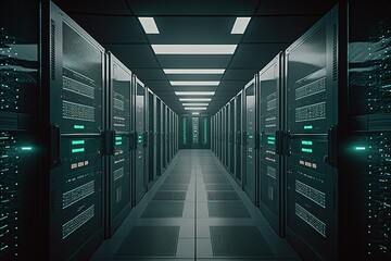Leinwandbilder - A room with digital data transmission networks and servers, the background of a technological future.Generative AI