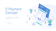 E Payment landing page template. Invoice or tax document coming out laptop computer screen. Can be used for web banners, infographics. Isometric modern vector illustration.