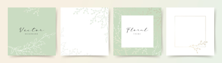 Green abstract backgrounds with hand drawn floral elements. Vector design templates for postcard, poster, business card, flyer, magazine, social media post, banner, wedding invitation 