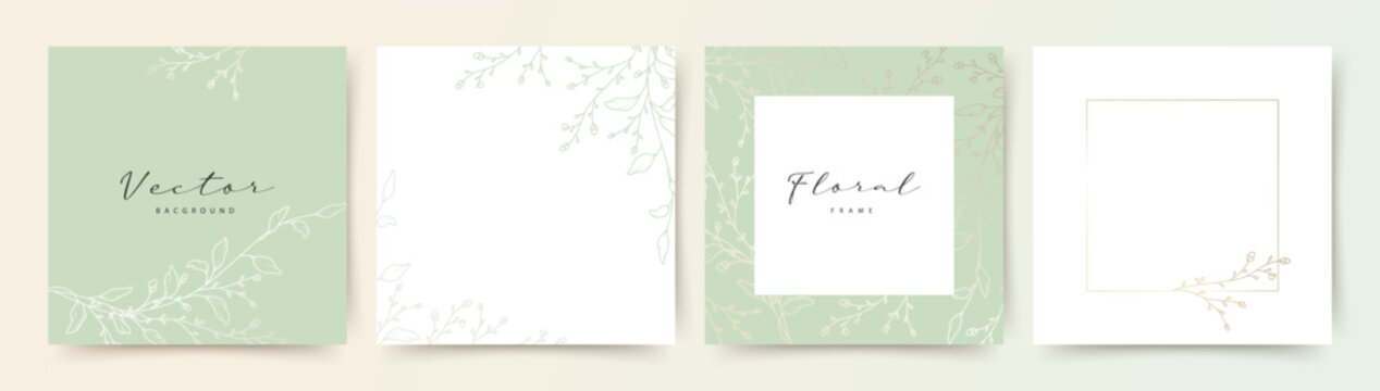 green abstract backgrounds with hand drawn floral elements. vector design templates for postcard, po