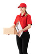 © Ivan - Young woman holding a parcel and a clipboard smiling happily and positively, a woman as a parcel delivery woman isolated on a white background wearing a red outfit