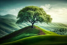 Majestic Lone Tree On The Top Of A Green Hill. Created With Generative AI Technology.