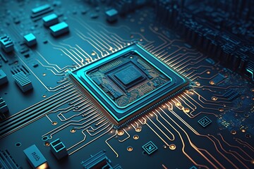 Poster - The background of the printed circuit board is blue.Generative AI