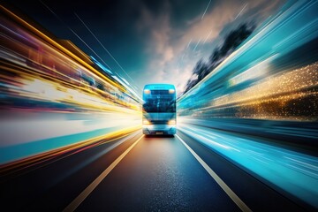 Leinwandbilder - Abstraction of digital data flow on the road with blurring when driving with a bus.Generative AI