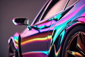 Wall Mural - Vehicle that can change its color on the fly using holographic technology. From the side. Mirror on driver's side door. closeup. Covering a car in wrapping paper. Presenting the Car Show. Generative