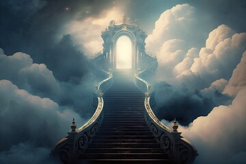 Canvas Print - Ascension stairway in the clouds. Generative AI