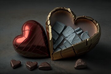 Sticker - Shot with a gray stone background and a heart shaped candy box filled with chocolate chunks. Generative AI