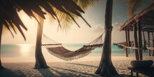 Escape To The Maldives: Hammock Between Palm Trees On A Dreamy Beach. Generative Ai Illustration