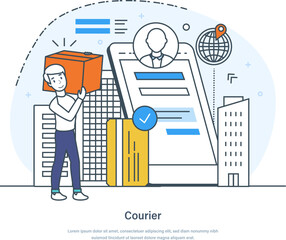 Wall Mural - Courier delivering parcel box to customer at home and office. Online delivery service, city logistics concept. Online order, e-commerce thin line design of vector doodles