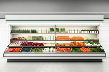 Wall Mural - Vibrant produce on display in a modern supermarket. Fresh fruits and vegetables in shelf. Generative AI