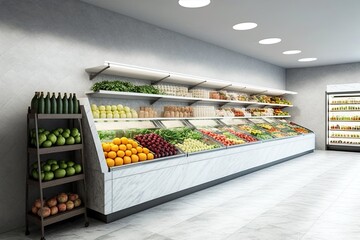 Vibrant produce on display in a modern supermarket. Fresh fruits and vegetables in shelf. Generative AI