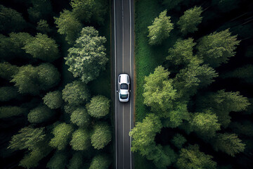 car driving on a curvy road on a mountain in a forrest