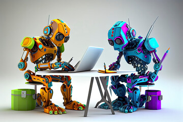 modern robot using laptop artificial intelligence technology concept