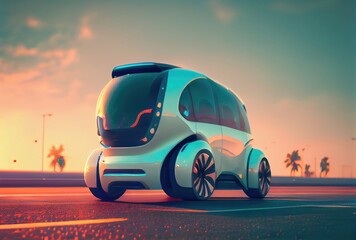 Canvas Print - Future car on the road with sunset sky in urban scene background. Technology and transportation concept. Generative AIv